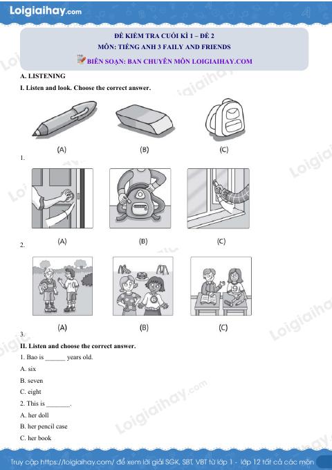 Đề thi học kì 1 Tiếng Anh 3 Family and Friends - Đề số 2